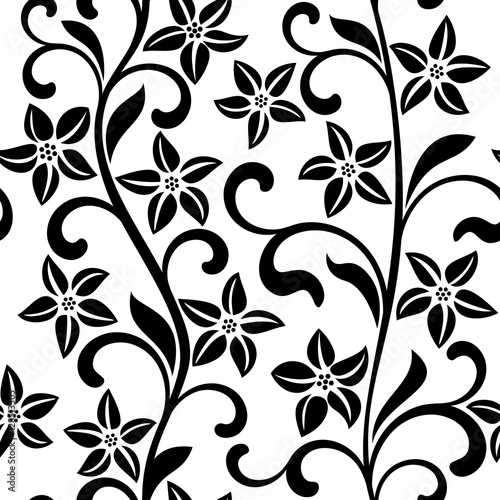 Seamless pattern with black flowers on a white background