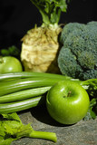 Green vegetables and fruits -  celery, apples, celery root celeriac