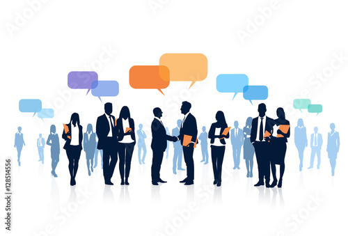 Silhouette Business People Team Chat Bubble, Two Businessman Hand Shake, Boss Handshake Agreement Concept Flat Vector Illustration
