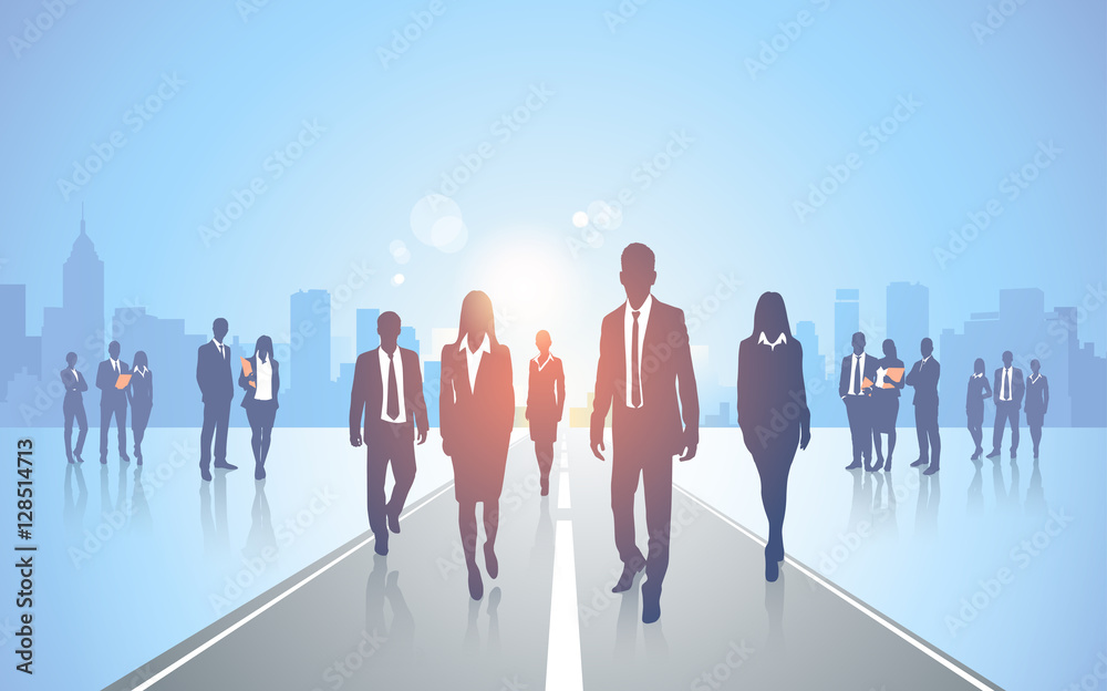 Business People Team Wolk Road Crowd Silhouette Businesspeople Group Human Resources Vector Illustration