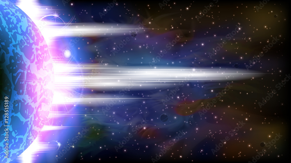 Naklejka premium A retro outer space background with a planet, sky and stars. Layered.