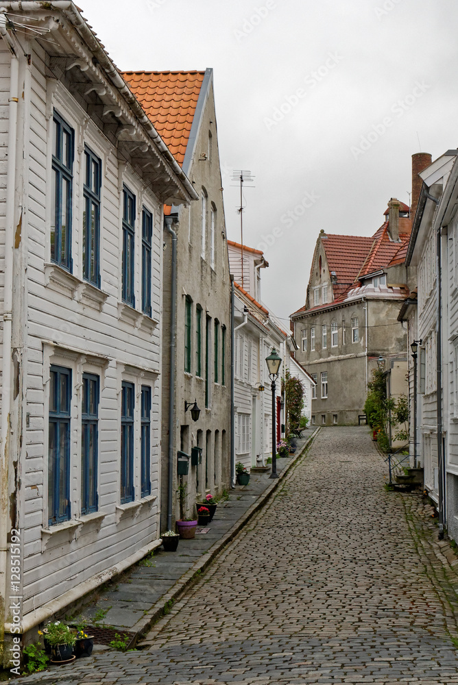 The old Staverger located in Norway with white wooden buildings