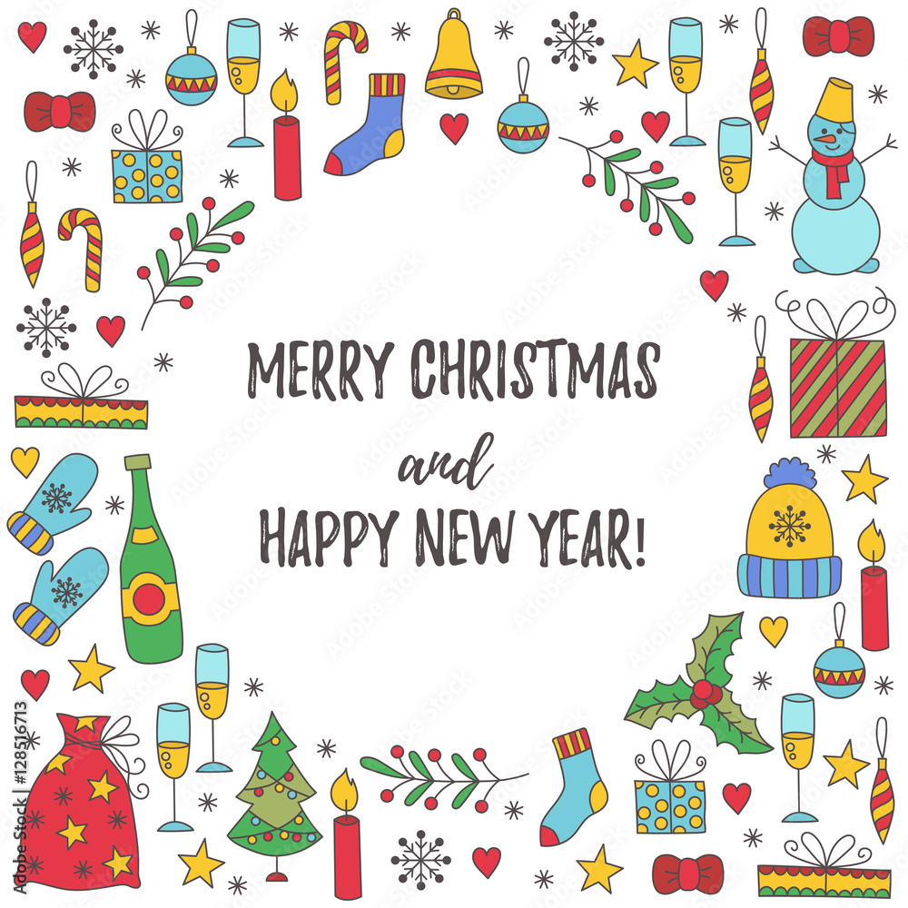 Christmas greeting card new year doodles colorful cute vector set Christmas greeting card new year doodles colorful cute vector set