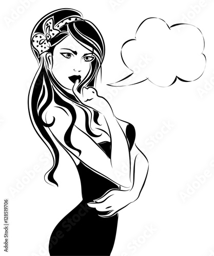 Sexy pin up woman, black and white vector silhouette with speech bubble