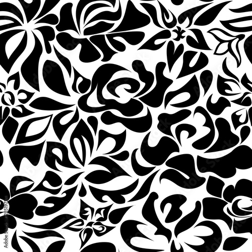 Seamless pattern with black flowers on white background