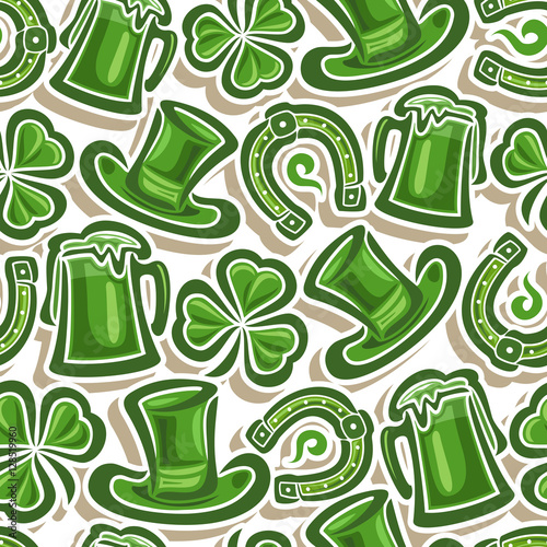 Vector Seamless Pattern St. Patrick's Day, Green cylinder hat, lucky horseshoe, magic shamrock, mug tankard with shadow closeup on white background, green wrapping fabric pattern, luck wallpaper art.