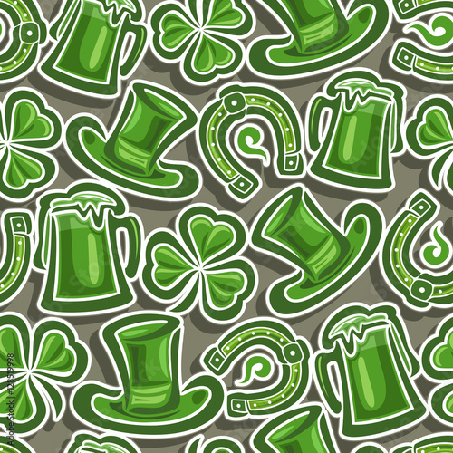 Vector Seamless Pattern St. Patrick's Day, Green cylinder hat, lucky horseshoe, magic shamrock, mug tankard with shadow closeup on gray background, green wrapping paper pattern, luck wallpaper art.