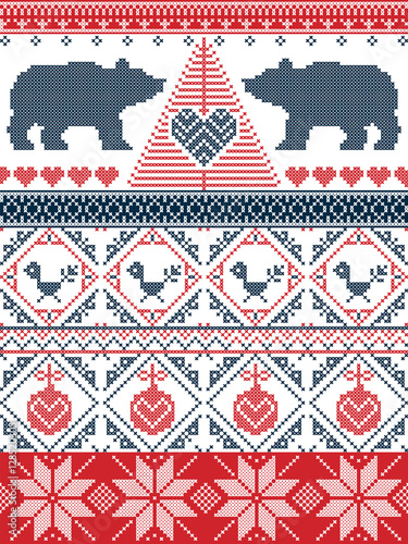 Scandinavian style  Christmas  seamless pattern in cross stitch with polar bear, Christmas tree, heart, robin bird , bauble, decorative ornaments in red and blue 
