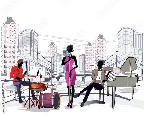 Street musicians in the street of the big city.