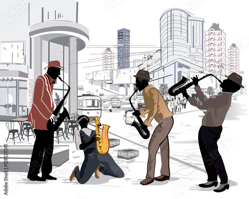 Street musicians in the street of the big city. photo