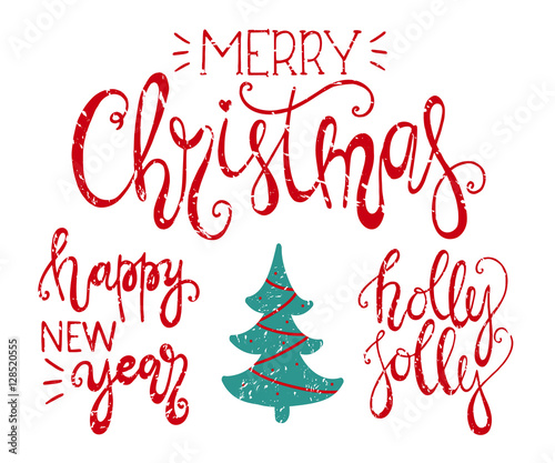 Merry Christmas  happy new year and holly jolly handdrawn lettering