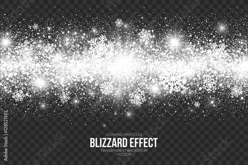 Snow Blizzard Effect on Transparent Background Vector Illustration. Abstract bright white shimmer glowing scatter falling round particles, lights and snowflakes