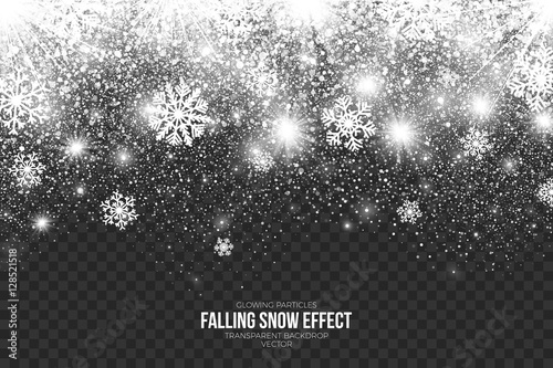 Falling Snow Effect on Transparent Background Vector Illustration. Abstract bright white shimmer glowing scatter round particles, lights and snowflakes