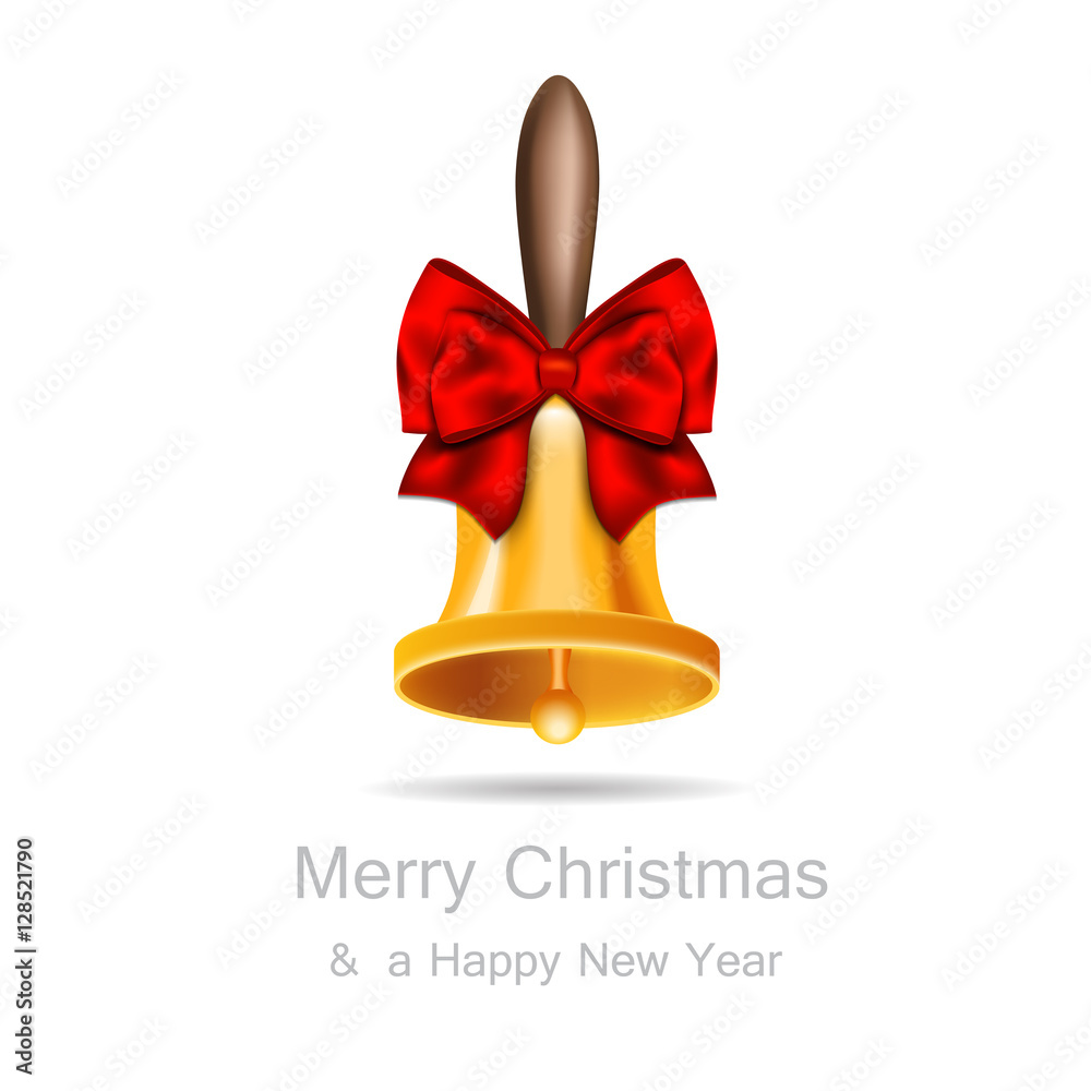 Golden bell decorated with red bow. Christmas card Golden bell decorated with red bow. Christmas card