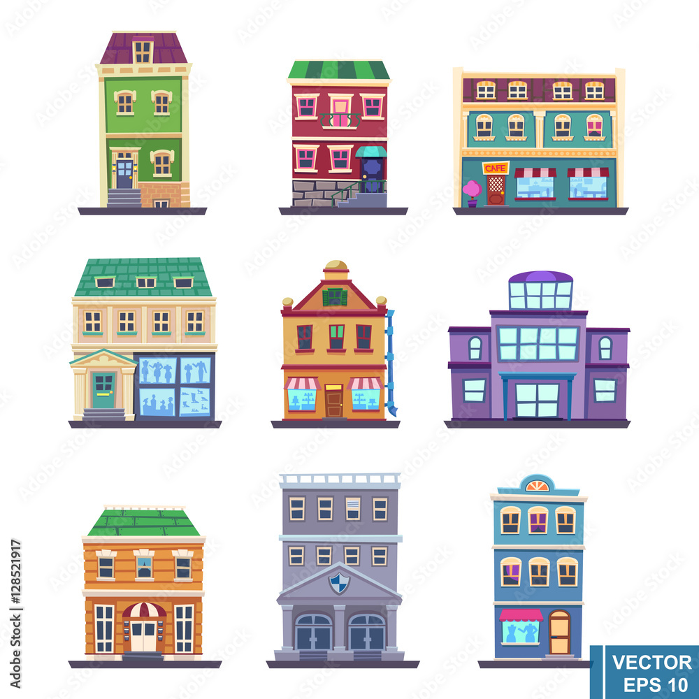 cartoon Apartment Building collection buildings icons set for tourists isolated vector illustration