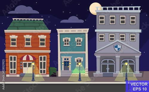 Vector cartoon retro illustration city houses facades landscape. Night cityscape. Old colourful buildings