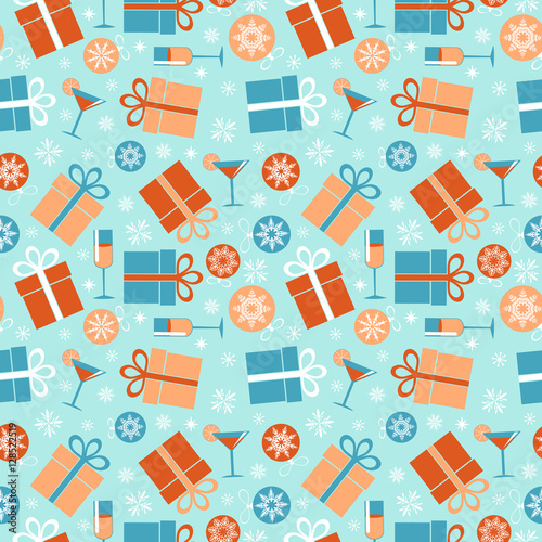 Christmas seamless pattern. Gift boxes, wine glasses and Christmas balls on a blue background