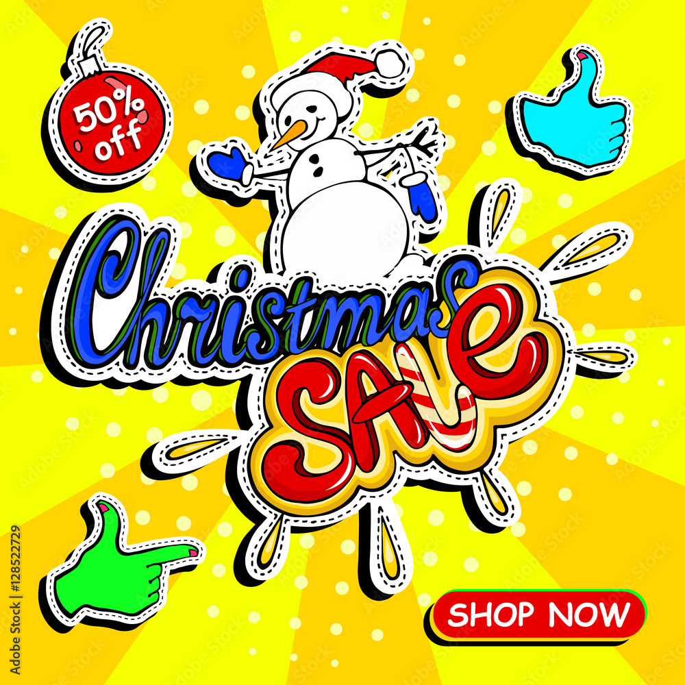 Christmas sale banner template with lettering, hand gestures and snowman. Vector pop art comic style