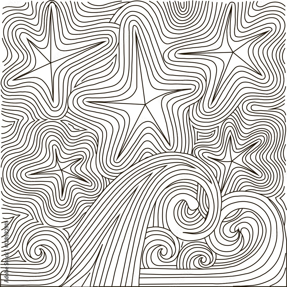 Zentangle hand drawn black and white abstract starry night and waves, anti stress vector illustration