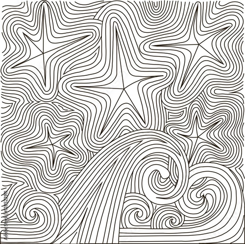 Zentangle hand drawn black and white abstract starry night and waves  anti stress vector illustration