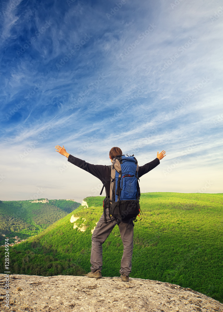 Man tourist in mountain. Nature and adventure composition. Man tourist in mountain. Nature and adventure composition.