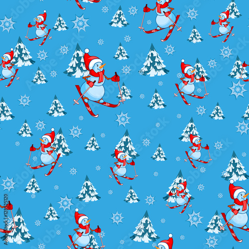 Seamless pattern with snowmen, skiers in the winter forest