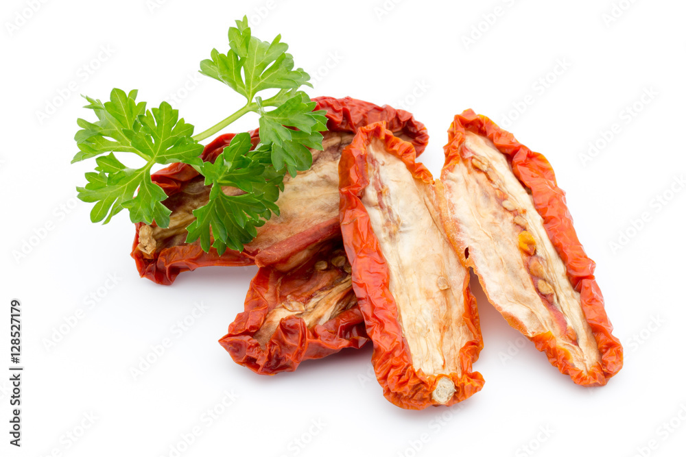 Dried tomatoes isolated on white background.