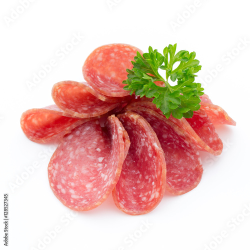 Salami smoked sausages slices isolated on white background.