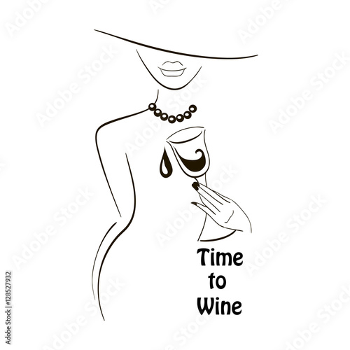 Vector black outlined lady silhouette with graphic glass of wine on white background with a place for your text. Element for your design logo, poster , menu, etc. Wine and grape festival concept.