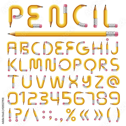Pencil texture cartoon alphabet with numbers isolated on white background. English font pencil texture set collection vector illustration
