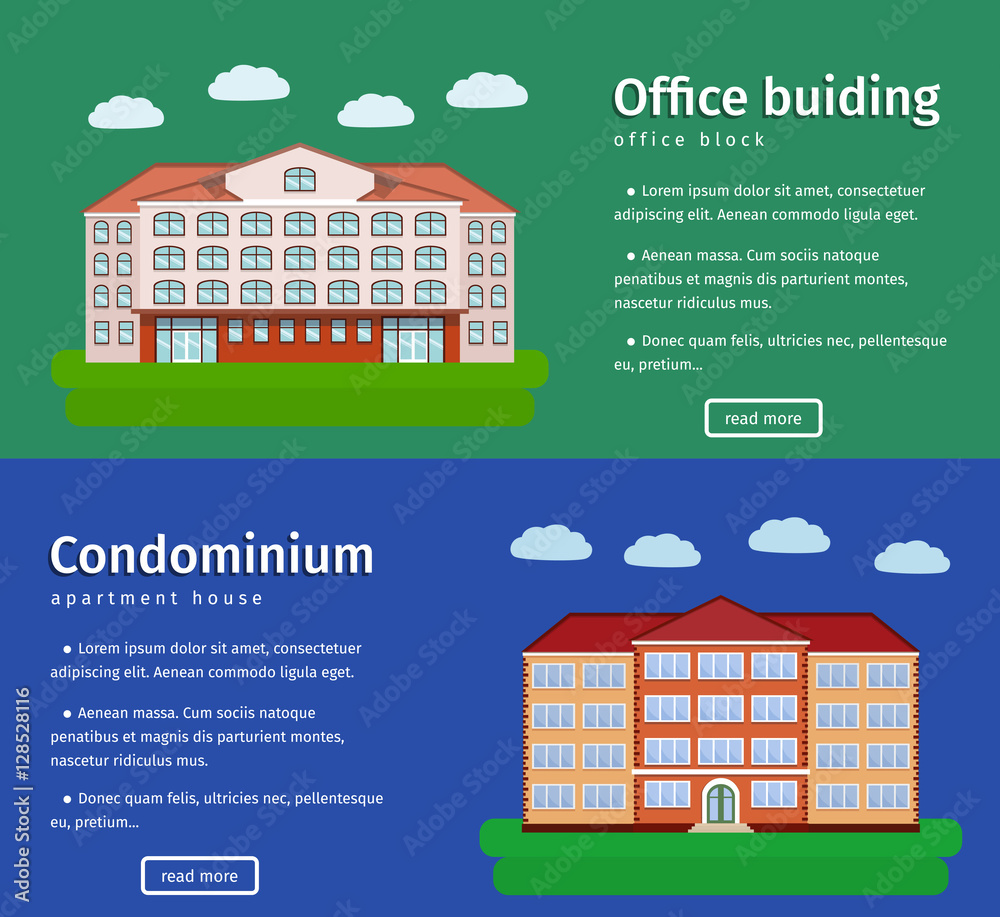 Horizontal banners including office building and apartment house with text. Flat design. Colorful background. Vector illustration.