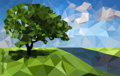 Polygonal landscape background with tree and river. Low poly design vector illustration.