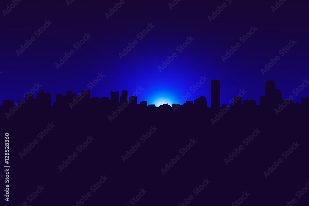 Silhouette of city at night under the moon at night