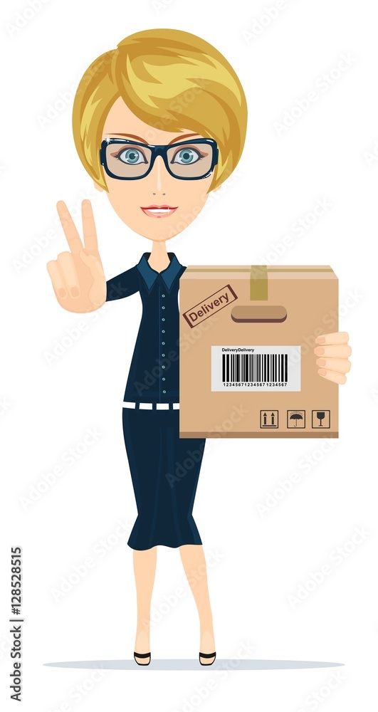 delivery service woman with box shows sign of victory delivery service woman with box shows sign of victory