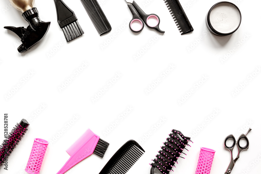 Tools for hair styling on white background top view Tools for hair styling on white background top view