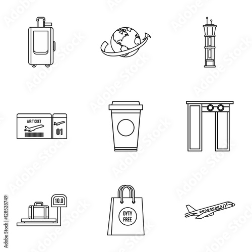 Airport check-in icons set. Outline illustration of 9 airport check-in vector icons for web