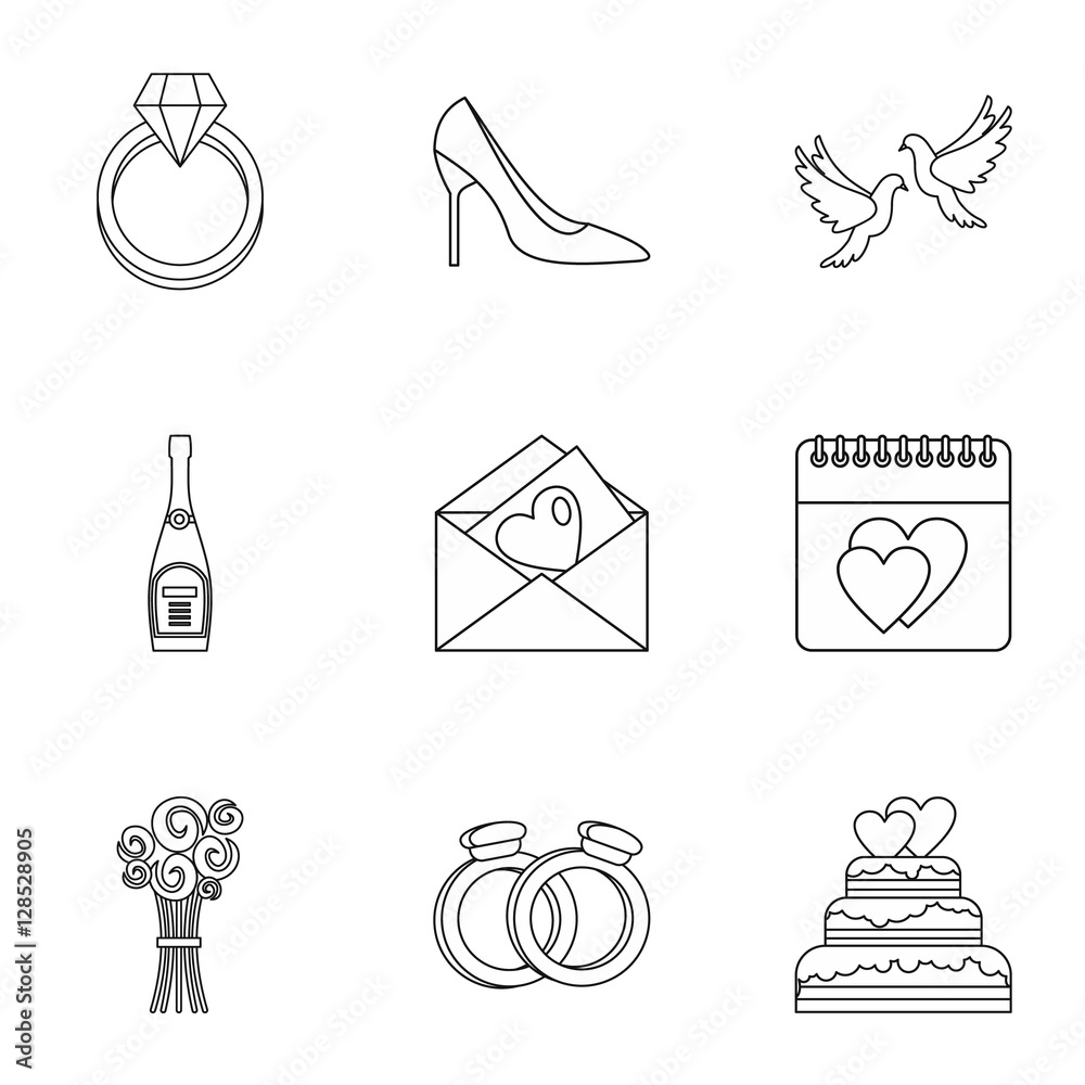 Wedding celebration icons set. Outline illustration of 9 wedding celebration vector icons for web Wedding celebration icons set. Outline illustration of 9 wedding celebration vector icons for web