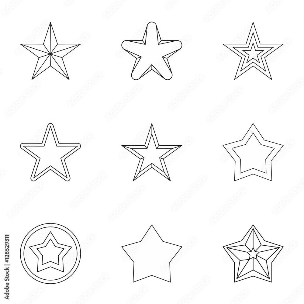 Five-pointed star icons set. Outline illustration of 9 five-pointed star vector icons for web