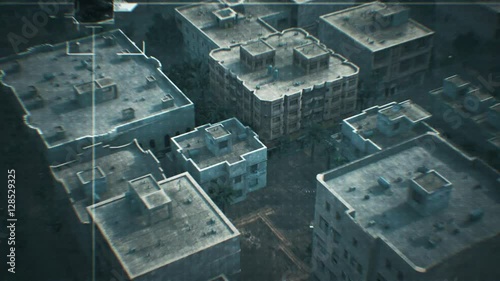 Computer generated drone imagery over city. This is the BAD SIGNAL version. Be sure to check the GOOD SIGNAL version to see if that suits your needs.