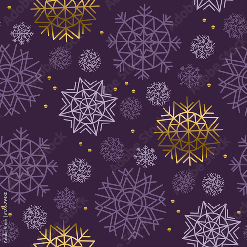Xmas snowflakes seamless pattern. Gold and ink color background