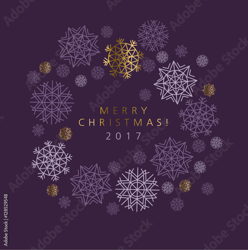 Classic Christmas snowflakes elegant card or header. Violet purp
