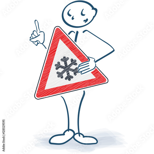 Strichmännchen mit einem Schild mit Schneeflocke vor dem Körper
