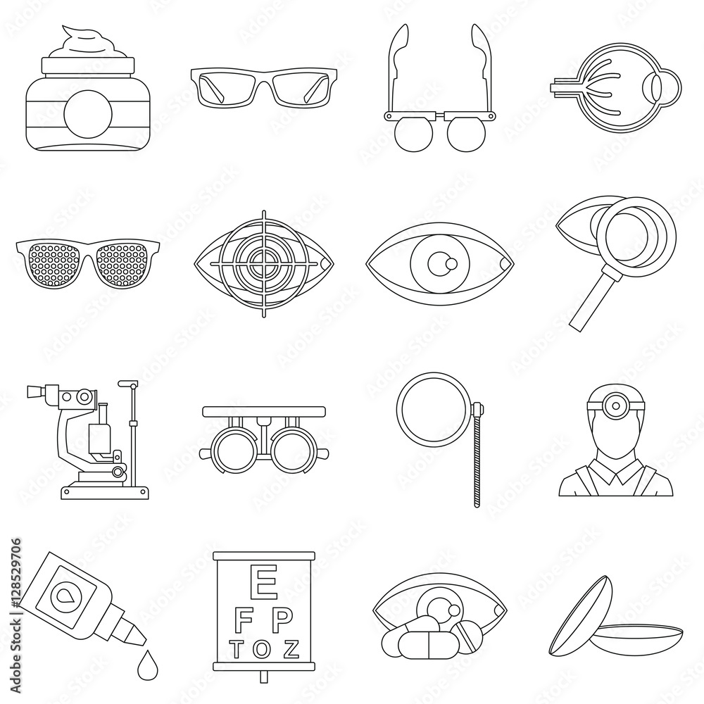 Ophthalmologist tools icons set. Outline illustration of 16