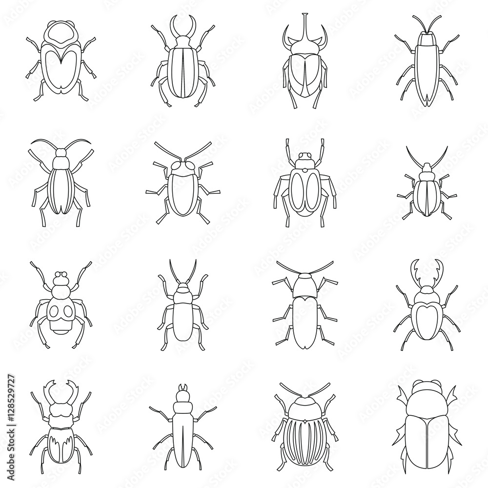 Bugs icons set. Outline illustration of 16 bugs vector icons for web Bugs icons set. Outline illustration of 16 bugs vector icons for web