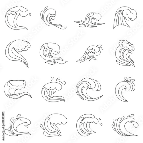 Sea waves icons set. Outline illustration of 16 sea waves vector icons for web