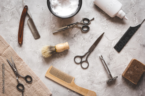 Photography Mens hairdressing desktop with tools for shaving top view