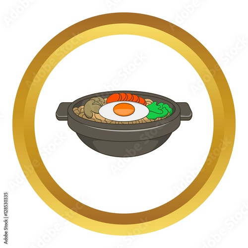Bibimbap korean dish vector icon in golden circle, cartoon style isolated on white background