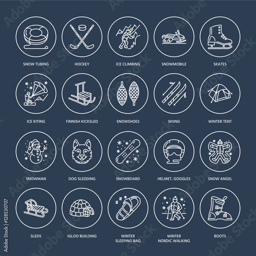 Cute thin line icons of winter sports. Outdoor activities vector elements - snowboard, hockey sled, skates, snow tubing, ice kiting. Linear pictogram with editable stroke for equipment rent ski resort