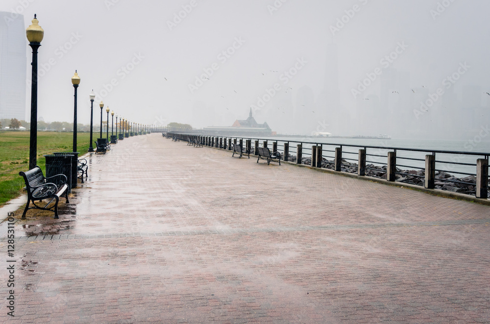 Empty Waterfront Path at Liberty Park, NJ, on a Rainy and Foggy Day.