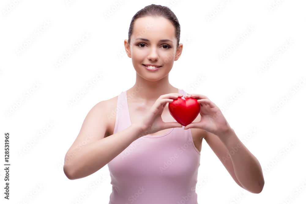 Young woman with red heart isolated on white Young woman with red heart isolated on white